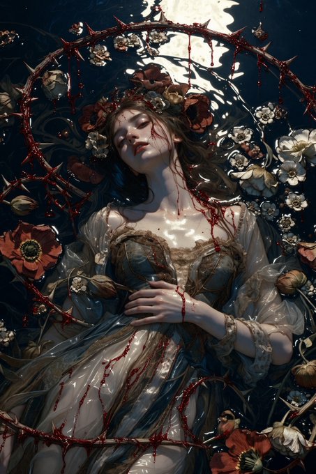 A dark, gothic illustration of a pale woman with closed eyes wearing a white dress and flower crown, surrounded by thorny vines with red blood-like drips and white flowers.