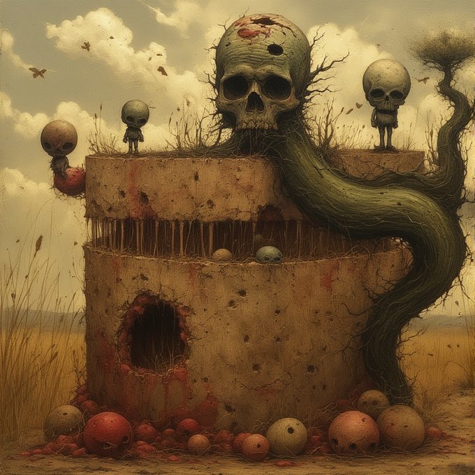 A dark, surreal illustration depicts a weathered concrete structure topped with skulls and small skull-headed figures, surrounded by scattered spheres and entangled with twisted roots under a cloudy sky.