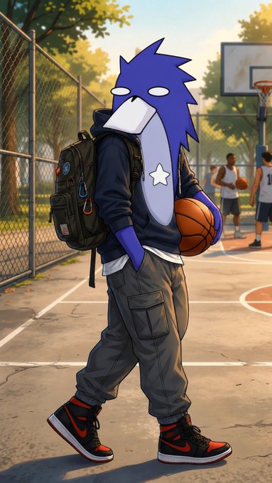 A digital anime-style illustration of a blue, spiky-haired character wearing a hoodie, cargo pants, and a backpack while holding a basketball on an outdoor court.
