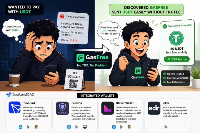 The image shows a before-and-after comparison illustrating the frustration of trying to pay with USDT on TRON due to "Insufficient TRX for network fee (Energy)" with a balance of only 1.23 TRX, contrasted with the solution of using GasFree, which allows sending -50 USDT successfully with "No TRX Fee." It highlights integrated wallets TronLink, Guarda, Klever Wallet, and eDir, and notes that GasFree enables users to send USDT without needing TRX, addressing the exact pain point described in the post.