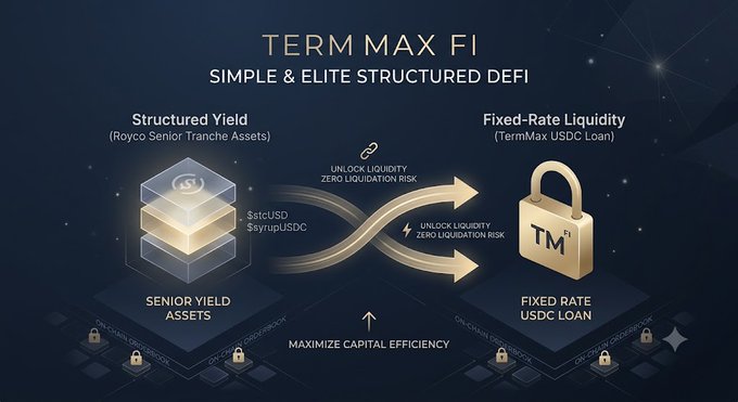 An infographic for 'TERM MAX FI' describing a simple & elite structured DeFi platform, showing the flow between Senior Yield Assets and Fixed Rate USDC Loan.