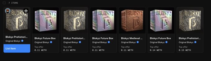 A marketplace listing page showing seven Blokyz NFT items with top offers ranging from 0.11 to 0.15 WETH, featuring various Blokyz collections like Prehistorians, Future Box, and Medieval, with the first item (Blokyz Prehistorians) selected. The image displays the collection reveal mentioned in the post, where the user bought multiple Blokyz NFTs but didn't achieve a high rank, despite appreciating how the reveal was organized.