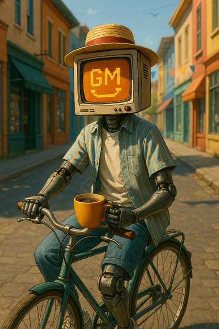 A whimsical digital illustration of a robot with a CRT television for a head displaying a pixelated smile, wearing a straw boater hat and striped shirt while riding a bicycle with a coffee mug.