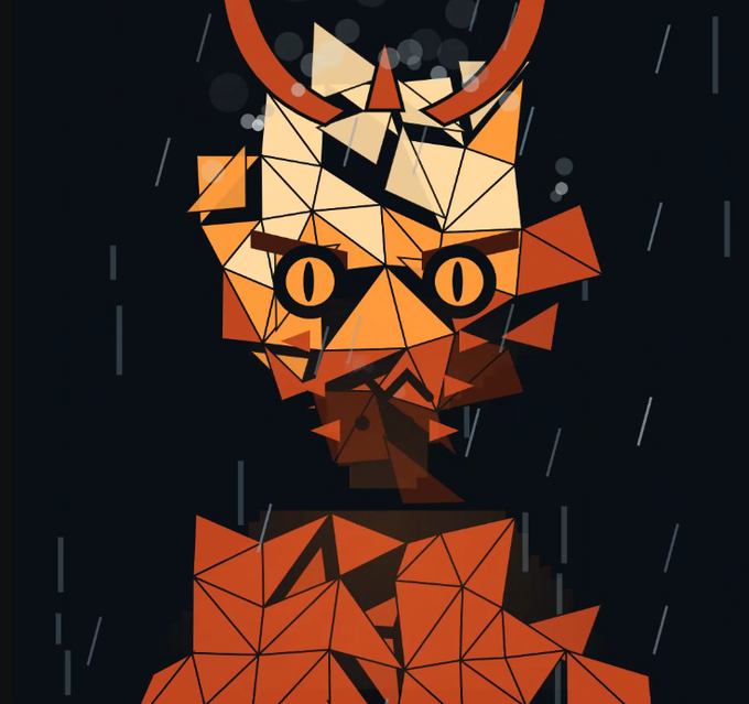 A geometric, low-poly style digital artwork of a character resembling a kitsune or demon with orange and yellow angular shapes, horns, and glowing eyes against a dark background with rain streaks.