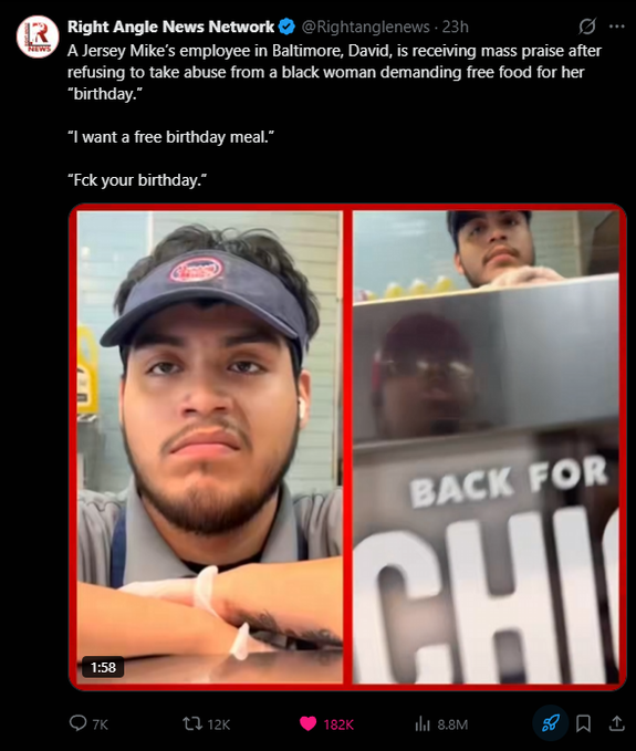 A Right Angle News Network tweet about a Jersey Mike's employee named David who refused abuse from a customer demanding a free birthday meal, showing the employee and a customer in a split-screen video with 8.8M views.