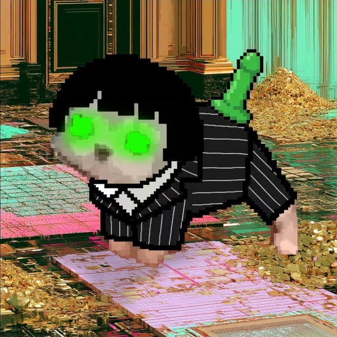A pixel-art style image of a black cat with glowing green eyes wearing a black pinstripe suit with a white collar, set against a background of gold coins.