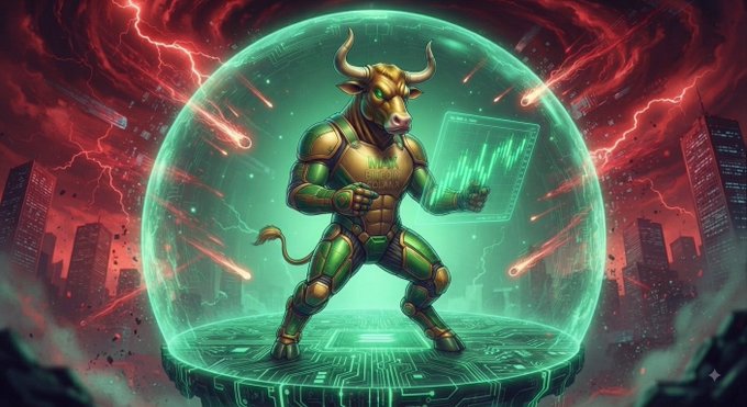 Digital fantasy artwork depicts an armored minotaur warrior with glowing green eyes holding a holographic chart, standing inside a protective green energy bubble amidst a destroyed city with red lightning and incoming meteors.