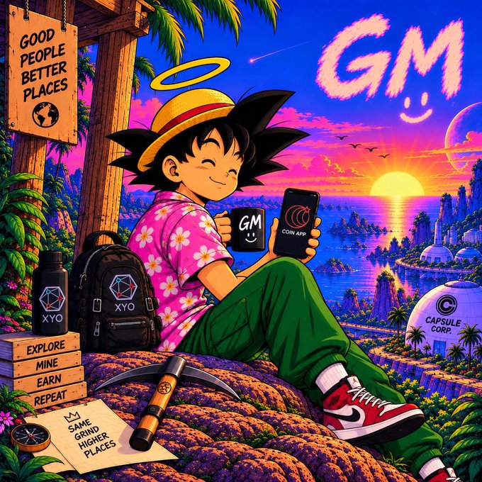 A vibrant anime-style illustration features a boy in a straw hat and pink floral shirt holding a 'GM' mug and phone labeled 'COIN APP', with text reading 'GOOD PEOPLE BETTER PLACES', 'XYO', 'EXPLORE MINE EARN REPEAT', 'SAME GRAND HIGHER PLACES', and 'CAPSULE CORP' against a colorful sunset landscape.