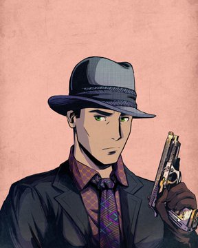 Anime-style portrait of a man in a grey fedora and dark suit with a plaid tie, holding a pistol, rendered in a muted color palette.
