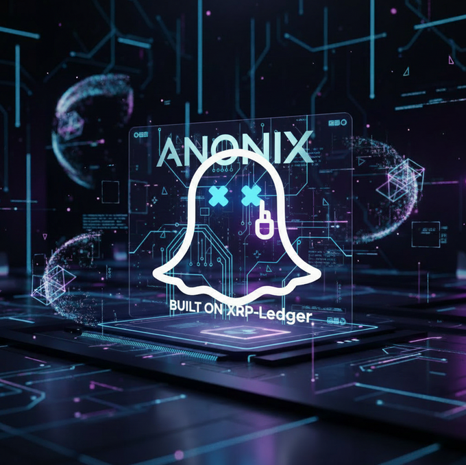 ernix, a fictional character with blue eyes and a red nose, stands on a black platform against a purple background, accompanied by floating particles and a white ghostly figure.