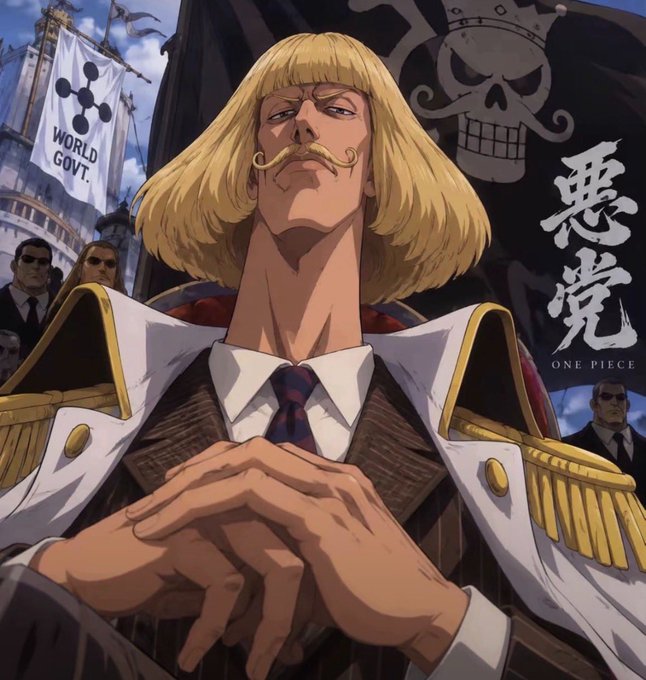 Anime artwork of a blonde character with a curled mustache in a white military-style coat, with 'WORLD GOVT.' and skull flags behind, alongside 'ONE PIECE' and Japanese kanji text.