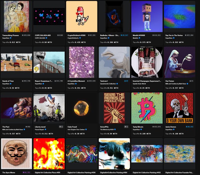 A grid display of NFT digital artworks on a marketplace showing various pieces like 'Transcending Picasso', 'Sands of Time', 'Liberty mural', and several 'Digital Art Collection' pieces, with prices in ETH listed for each.