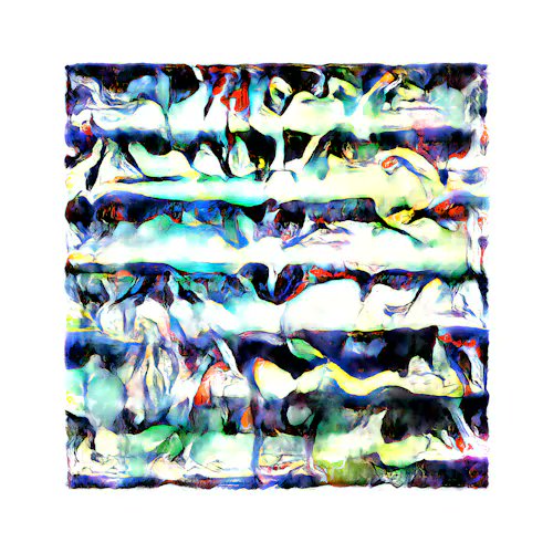 An abstract digital artwork featuring distorted, colorful shapes in blues, greens, reds, and yellows arranged in horizontal, flowing layers.