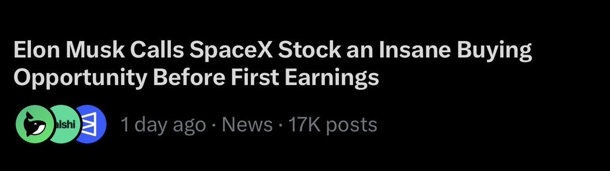 A screenshot of a social media post headline reading "Elon Musk Calls SpaceX Stock an Insane Buying Opportunity Before First Earnings," posted 1 day ago in the News category with 17K posts, featuring user avatars of an owl logo, "Alshoi," and a blue play-button icon. The image visually supports the accompanying post's claim about $SPCX trending on X following Elon Musk's bullish remarks, with the headline directly reflecting the buying opportunity narrative.