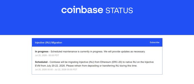 A Coinbase status page screenshot showing 'Injective (INJ) Migration' marked as 'In progress - Scheduled maintenance,' noting migration from Ethereum (ERC-20) to native INJ on Injective EVM from July 20-22, 2026.
