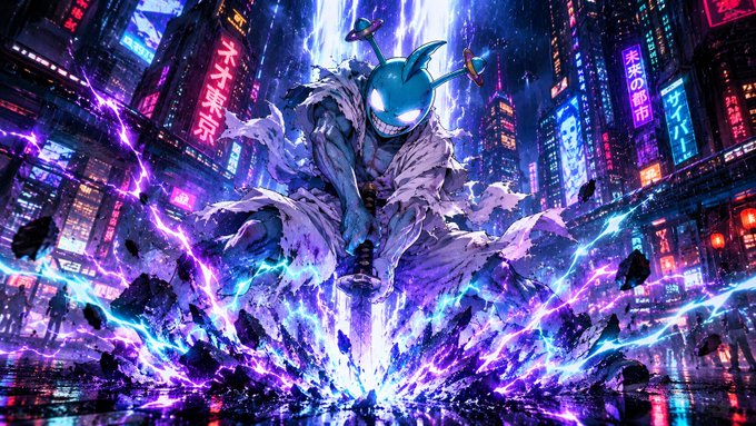 A vibrant anime-style digital artwork featuring an evil blue character with glowing eyes and a wide grin, standing amidst purple lightning in a neon-lit cyberpunk Japanese cityscape with kanji signage.