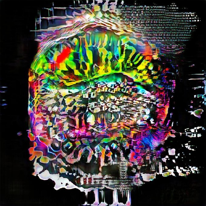 A glitchy, abstract digital artwork featuring a distorted face-like shape composed of colorful pixels, text fragments, and visual static effects.