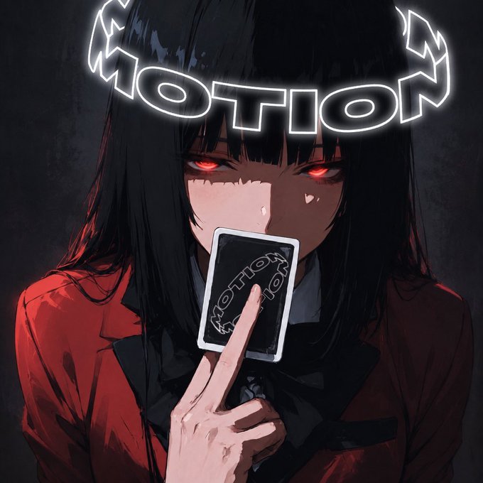 An anime-style figure with glowing red irises holds up a card displaying the word "MOTION," which is also written in neon text as a glowing halo above her head, visually reinforcing the post's claim that "$MOTION is the ultimate hack."