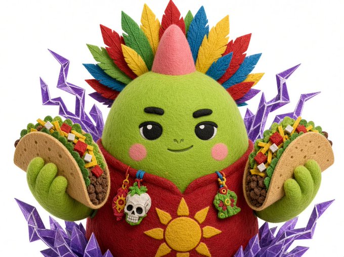 A green character wearing a red robe adorned with skull charms and a sun emblem holds two tacos, surrounded by colorful feathers and purple crystals.