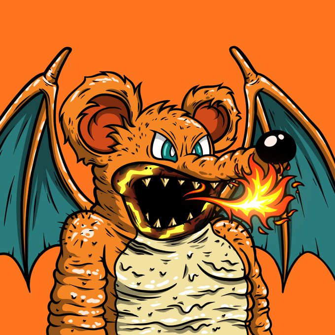 A cartoon-style drawing of an orange, winged creature resembling a dragon or mouse, breathing fire and wearing a light-colored shirt against a solid orange background.
