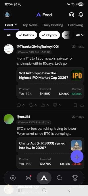 A mobile app screenshot of a prediction market feed showing posts about '@ThanksGivingTurkey1001' on Anthropic IPO and '@mrJB1' discussing BTC and Clarity Act.