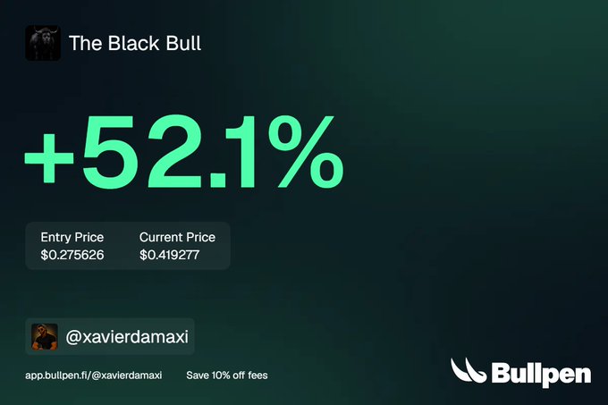 Bullpen trading card showing 'The Black Bull' token with a +52.1% gain, entry price $0.275626 and current price $0.419277, by trader @xavierdamaxi.