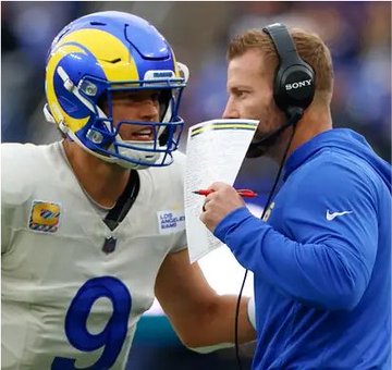 Rams quarterback #9 Matthew Stafford listens to coaching instructions from a coach on the sidelines during a game. The image accompanies a post highlighting the Los Angeles Rams as leading NFC Super Bowl contenders on Polymarket at 24%, ahead of the Seahawks, Lions, and Eagles.
