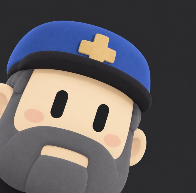 A 3D rendered character head of a man with a gray beard wearing a blue cap with a yellow cross symbol, resembling a Team Fortress 2 Medic character.