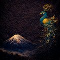 The image features a peacock with blue, green, and gold feathers standing next to a snow-capped mountain. The peacock appears to be facing away from the camera, while the mountain is positioned behind it. The background of the image is dark, which contrasts with the vibrant colors of the peacock's feathers and the mountain. The caption at the bottom of the image reads "QT quote your Tezos Art" in a smaller font size than the rest of the post.