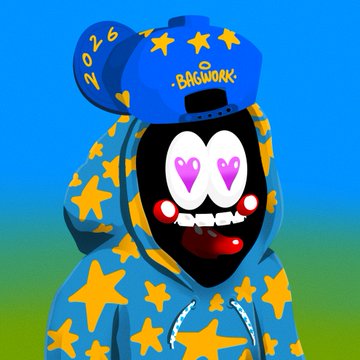 A cartoon character wearing a blue hoodie and cap covered in yellow stars, with a black face showing heart-shaped purple eyes and a wide grin, against a blue and green gradient background; the cap reads "2026" and "BIGWORK."