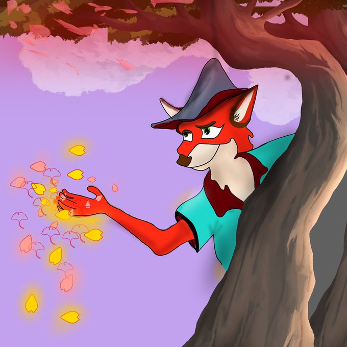 The image depicts a stylized anthropomorphic fox wearing a hat and teal shirt, partially hidden behind a tree, reaching out to catch or release glowing pink and yellow petals against a dreamy purple sky. The whimsical, fantasy aesthetic of the artwork evokes the mystical and exclusive nature of the "GTD" (Guaranteed) NFT giveaway being promoted in the post.