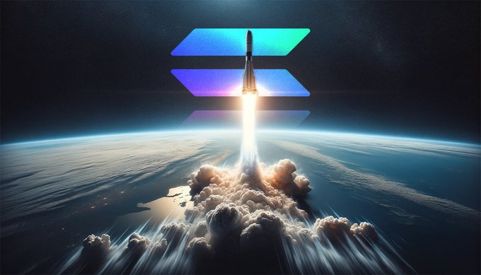 A rocket emblazoned with the Solana logo blasts off from Earth, its fiery exhaust trailing into the clouds below. The imagery visually reinforces the post's claim that Solana is set to "explode" upward, much like the rocket launching into space.