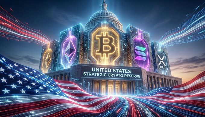 A stylized digital artwork of the US Capitol building displaying 'UNITED STATES STRATEGIC CRYPTO RESERVE' with Bitcoin, Ethereum, Solana, and XRP logos, framed by American flags and neon light trails.