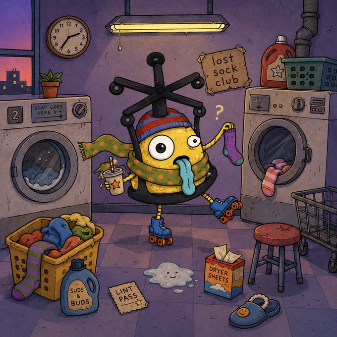 A cartoon illustration of a yellow cyclops character in a laundromat, surrounded by washing machines, a basket of laundry, detergent labeled 'SUDS & BUDS', and a sign for the 'lost sock club'.