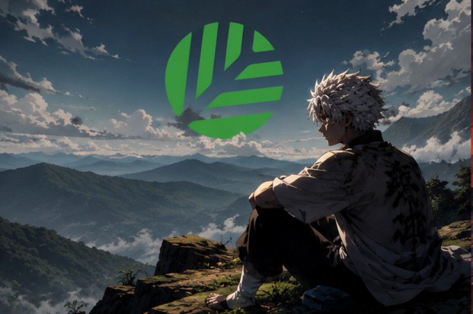 An anime character with spiky white hair sits on a cliff edge overlooking a vast mountainous landscape, with a green stylized logo superimposed in the sky.
