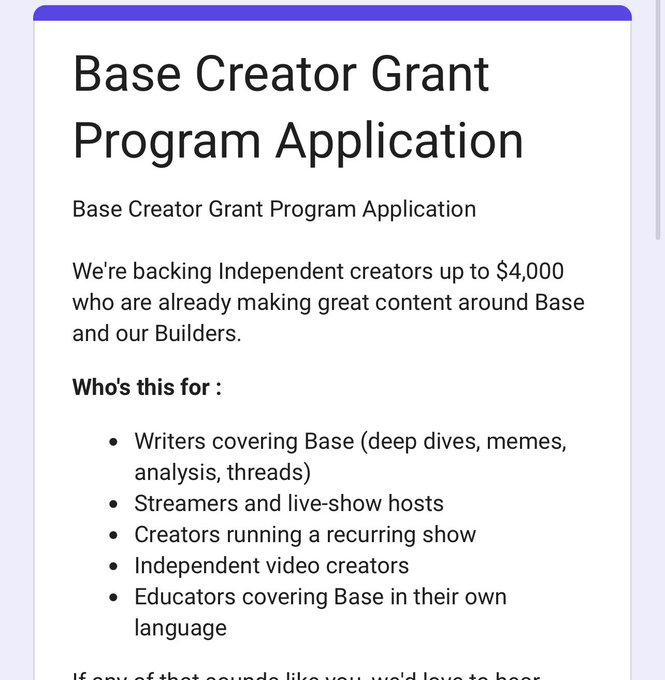 An application page for the Base Creator Grant Program, offering up to $4,000 for independent creators making content about Base and Builders, targeting writers, streamers, recurring show hosts, video creators, and educators.