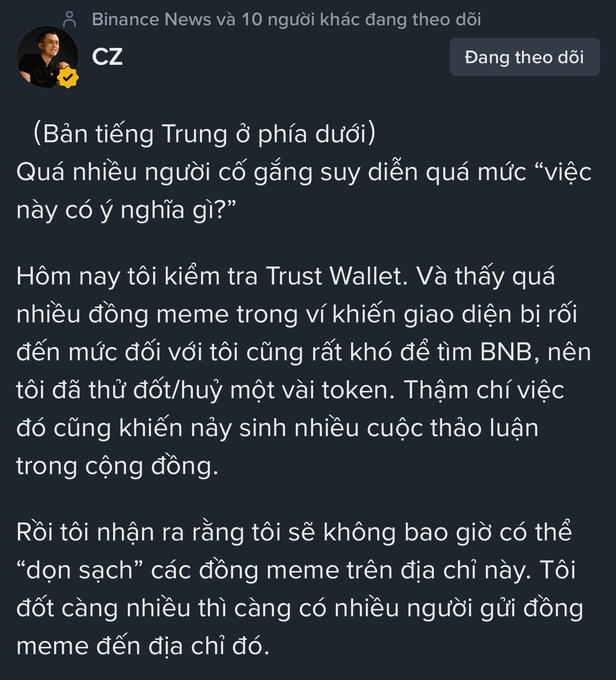 A screenshot of a Twitter/X post by CZ (Binance) in Vietnamese discussing meme tokens on Trust Wallet, with text explaining that burning meme tokens only encourages more to be sent to his address.