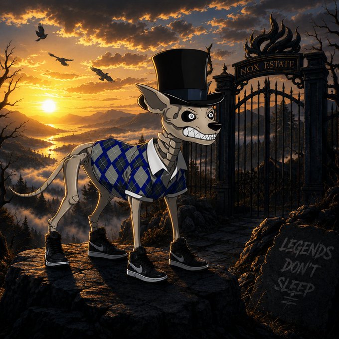 Digital illustration of a skeletal dog character wearing a top hat, argyle sweater, and sneakers, standing at the gates of "NOX ESTATE" with "LEGENDS DON'T SLEEP" engraved in stone.