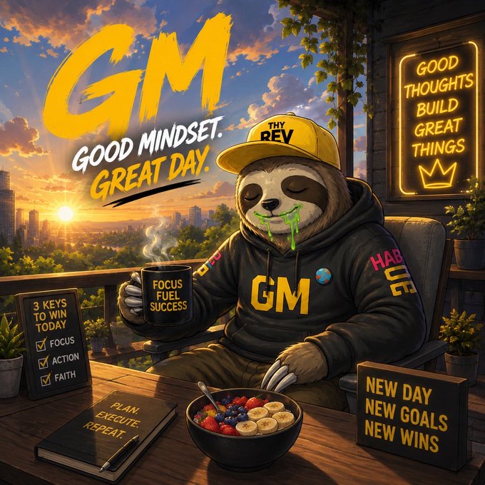 Motivational illustration featuring a sloth in a yellow cap and 'GM' hoodie holding a 'FOCUS FUEL SUCCESS' mug at a table with a planner and fruit bowl, surrounded by 'GM GOOD MINDSET GREAT DAY', 'GOOD THOUGHTS BUILD GREAT THINGS', '3 KEYS TO WIN TODAY: FOCUS, ACTION, FAITH', and 'NEW DAY NEW GOALS NEW WINS' signs.