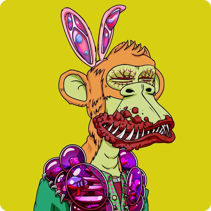 A cartoon illustration of a green-faced monkey character with bunny ears, a menacing toothy grin, bloodshot eyes, and a beaded necklace against a yellow background.