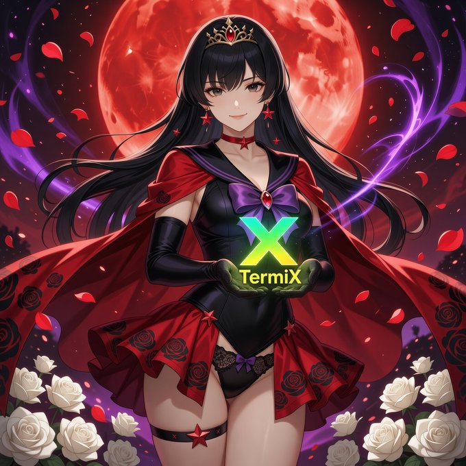 An anime-style illustration of a girl with long black hair wearing a black and red outfit with a crown, set against a red moon background with roses; she holds a glowing logo that reads 'X TermiX'.