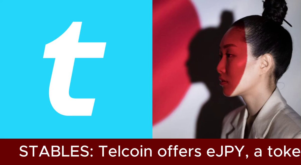 The image features a woman with red hair wearing a white blouse against a gray background, who appears to be looking at something off-camera. The text "Stables" is written above her head, while below her there's an advertisement for Telcoin that reads, "Telcoin offers Jpy, a poke". This suggests that the image might be related to a promotional campaign or event involving Telcoin and Japan's new stablecoin regulation.