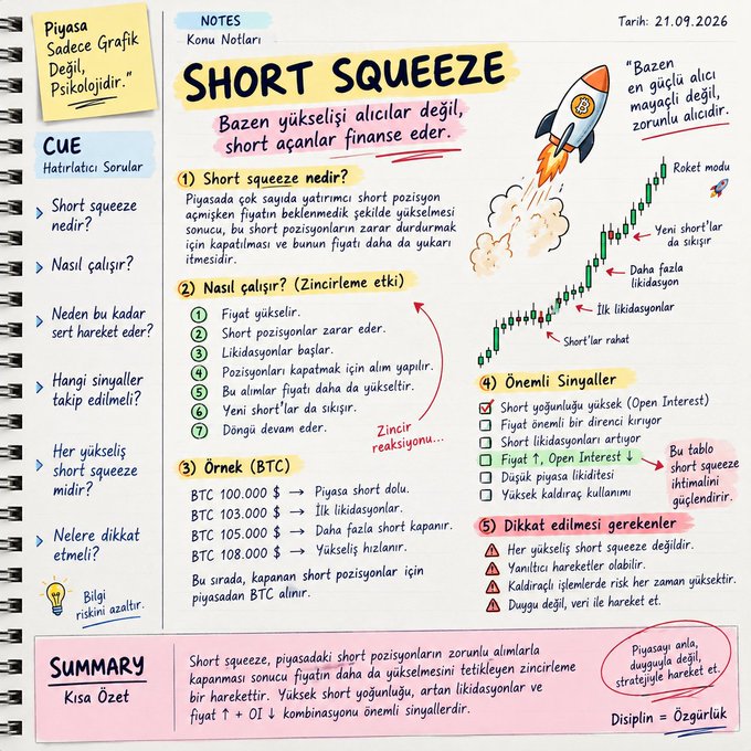 A colorful Turkish-language infographic explaining the concept of a 'Short Squeeze' in stock market trading, complete with a rocket illustration and a BTC example.