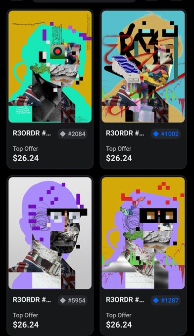 A mobile app interface displaying four NFT listings from the 'R3ORDR' collection, each showing glitch art portraits with 'Top Offer $26.24' and various token prices (#2084, #1002, #5954, #1287).
