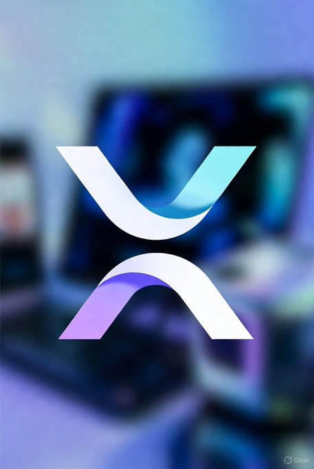 The XRP cryptocurrency logo displayed over a blurred background showing a laptop and phone screens.