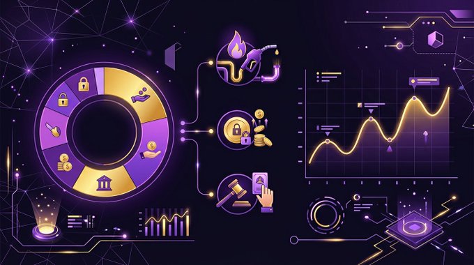 A stylized purple and gold infographic illustrating various financial and cryptocurrency concepts, featuring a circular diagram with icons (lock, bank, handshake), cryptocurrency symbols, and a rising line graph.