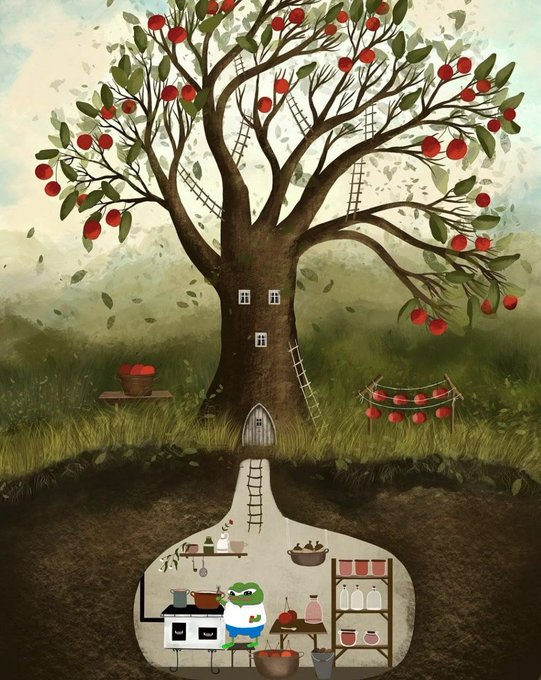 An illustration of an apple tree with a cross-section view showing an underground burrow where a green frog is cooking with kitchen utensils.