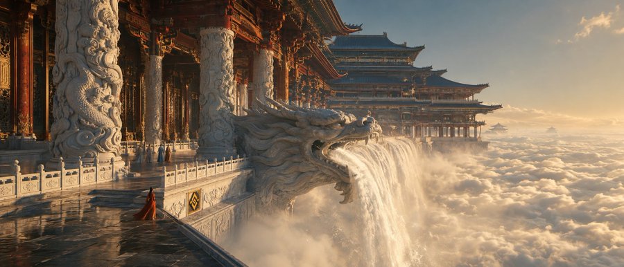 A majestic fantasy scene depicting an ornate Asian-style palace complex with dragon sculptures and waterfalls, set above a sea of clouds with a small figure in a red robe standing on the walkway.