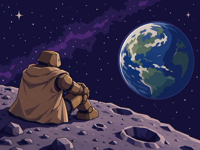 A pixel-art style illustration of a hooded astronaut sitting on a rocky lunar surface, gazing at Earth floating against a starry purple sky.