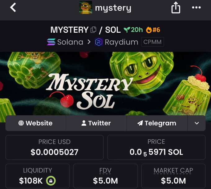 The image shows a screenshot of a conversation between two people about a game called "Mystery Sol" on social media. The main focus is on an item titled "MYSTERY Sol". This conversation includes descriptions, prices, and details related to the game's items and features. It also mentions that there are options for buying the game for $58c or directly purchasing it for $5.01M, as well as information about a market cap of $5.8M and some liquid assets available.